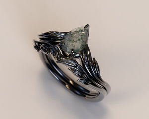 Moss Agate Art Deco Engagement Ring Set