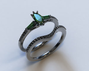 Black Gold Emerald Engagement Ring Set - Art Deco Style