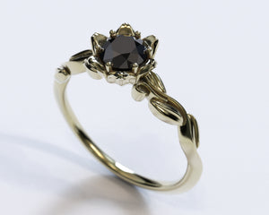 Black Diamond Floral Engagement Ring With Leaves