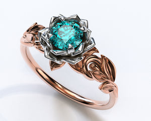 Two Tone Teal Sapphire Flower Engagement Ring