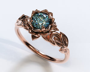 Unique Teal Sapphire Flower Engagement Ring