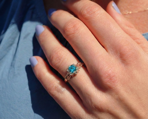 Two Tone Teal Sapphire Flower Engagement Ring