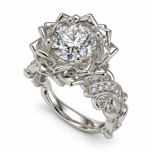 Unique Diamond Lotus Flower Engagement Ring on a white background