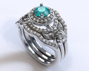 Flower Aquamarine White Gold Wedding Ring Set