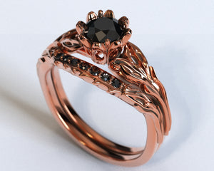 Unique Black Diamond Rose Gold Wedding Ring Set