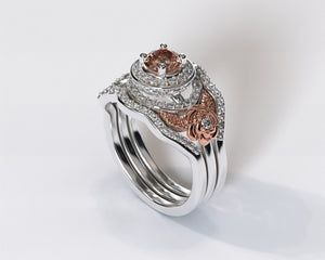 Unique Flower Two Tone Gold Halo Morganite Wedding Ring Set