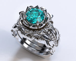 Unique Flower Aquamarine Wedding Ring Set