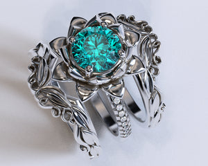 Unique Flower Aquamarine Wedding Ring Set