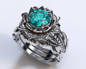 Unique Flower Aquamarine Wedding Ring Set