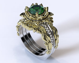 Emerald Flower Wedding Ring Set