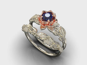 Lotus Flower Blue Sapphire Wedding Ring Set