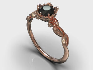 Black Diamond Floral Engagement Ring With Leaves