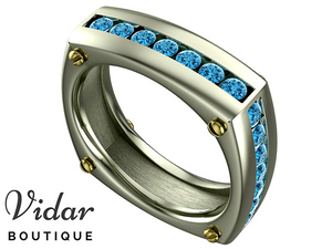 Unique Aquamarine Two Tone Gold Wedding Band For Men