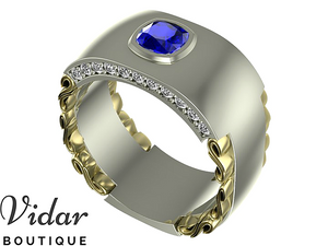 Two Tone Gold Sapphire Mens Wedding Band