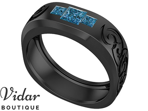 Unique Black Gold Blue Diamond Wedding Band