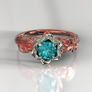 Two Tone Teal Sapphire Flower Engagement Ring