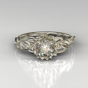 Lotus Flower Diamond Engagement Ring With Leaves