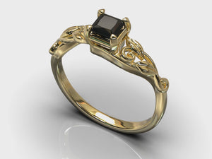 Unique Flower Princess Cut Engagement Ring With Black Diamond