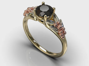Black Diamond Three Tone Gold Flower Engagement Ring