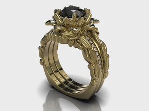 Black Diamond Flower Wedding Ring Set