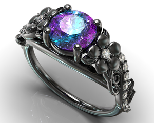 Alexandrite Black Gold Flower Engagement Ring