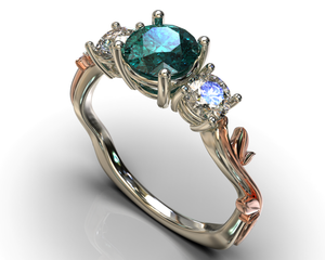 Unique 3 Stone Teal Sapphire Engagement Ring