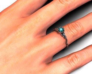 Blue Diamond Black Gold Flower Engagement Ring
