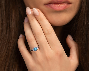 Blue Diamond Flower Engagement Ring With Leaves