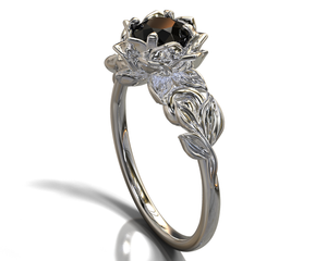 Lotus Flower Black Diamond Engagement Ring With Leaves
