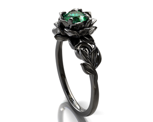 Black Gold Lotus Flower Emerald Engagement Ring