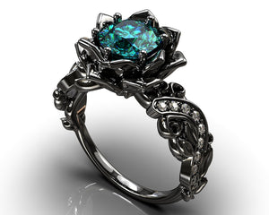 Montana Sapphire Black Lotus Flower Engagement Ring