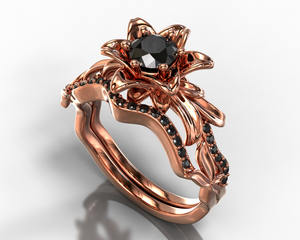 Lotus Flower Black Diamond Wedding Ring Set
