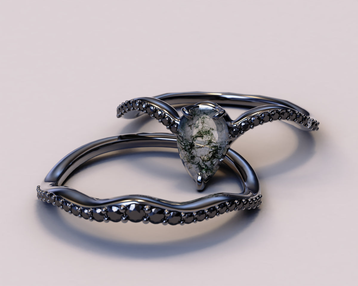 Moss Agate Teardrop Ring With Black Diamonds