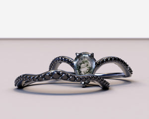 Moss Agate Teardrop Ring With Black Diamonds