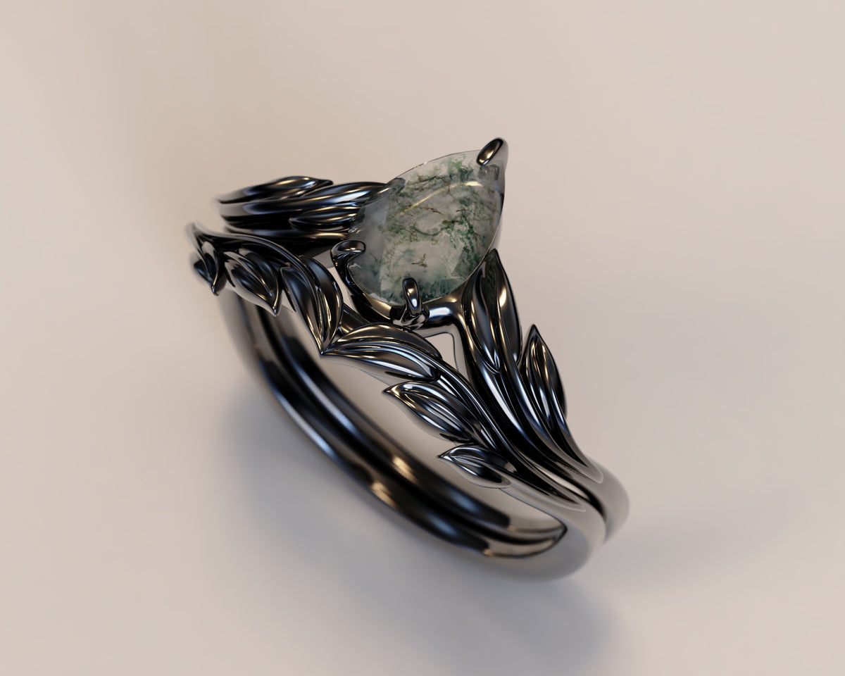 Moss Agate Art Deco Engagement Ring Set