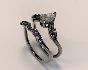 Moss Agate Art Deco Engagement Ring Set