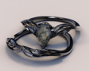 Moss Agate Art Deco Engagement Ring Set