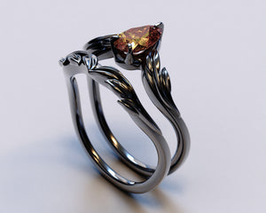 Pear Garnet Black Engagement Ring Set