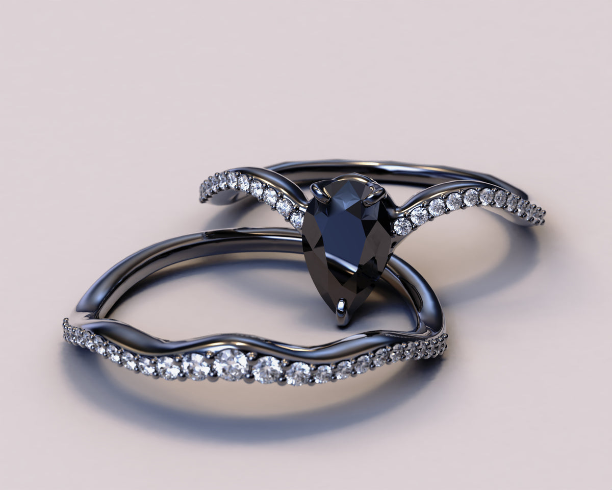 Black Diamond Peared Shape Engagement Wedding Ring Set