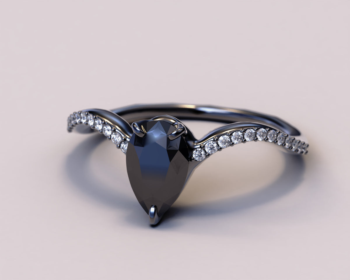 Black Diamond Peared Shape Engagement Wedding Ring Set