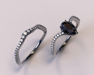 Black Diamond Peared Shape Engagement Wedding Ring Set