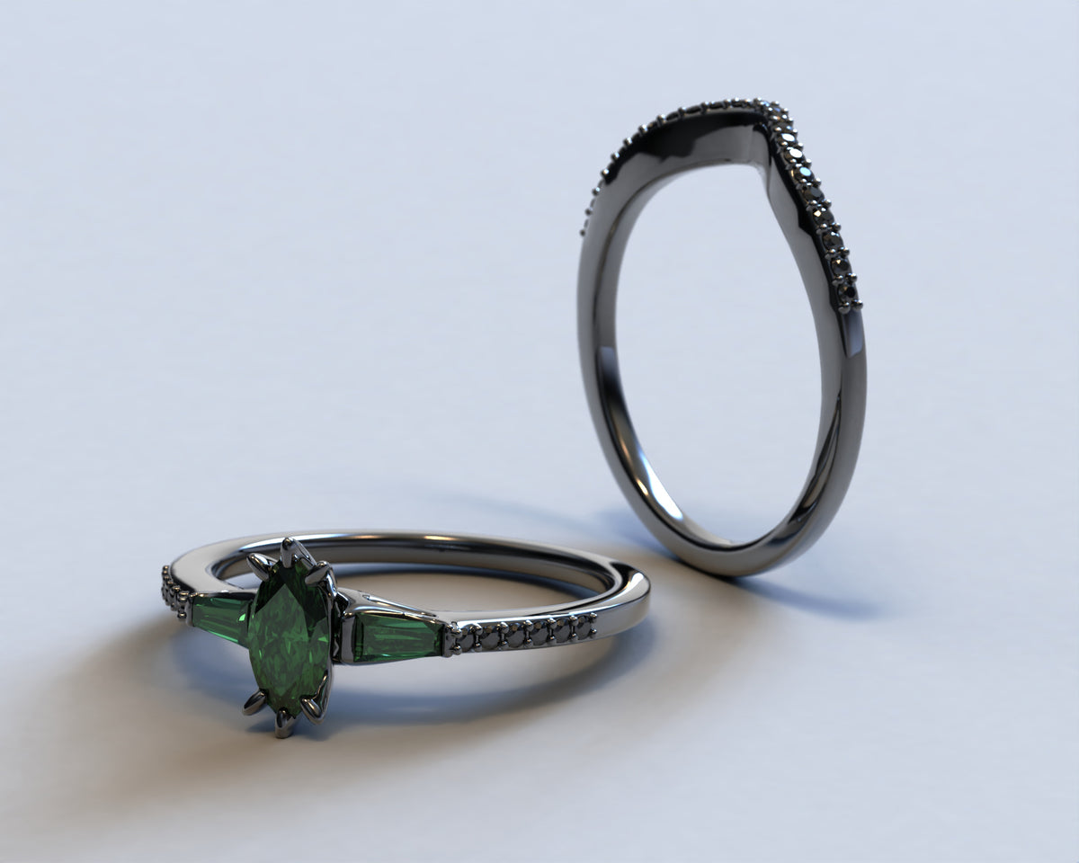 Black Gold Emerald Engagement Ring Set - Art Deco Style