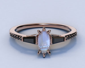 Marquise Moonstone Engagement Ring Set With Black Diamonds