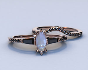 Marquise Moonstone Engagement Ring Set With Black Diamonds