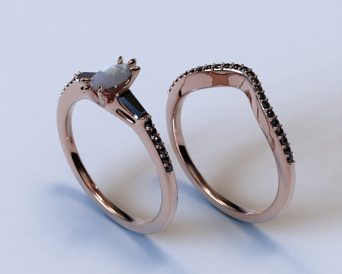 Marquise Moonstone Engagement Ring Set With Black Diamonds