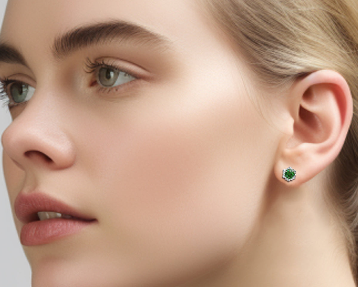 Dainty Emerald Stud Earrings - Lotus Earrings