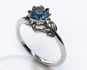 Blue Diamond Flower Engagement Ring With Leaves