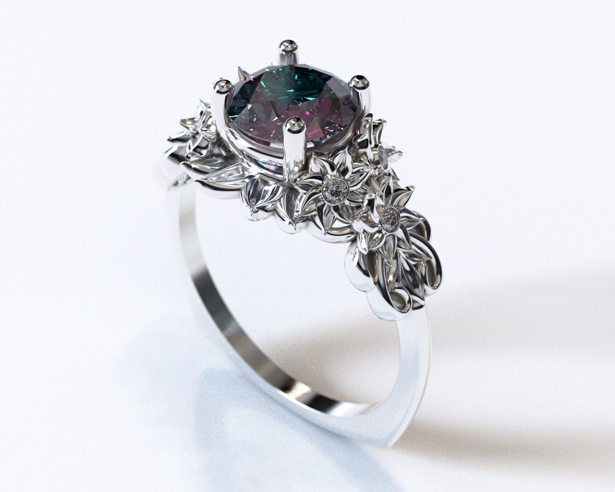 Two Tone Alexandrite Flower Engagement Ring