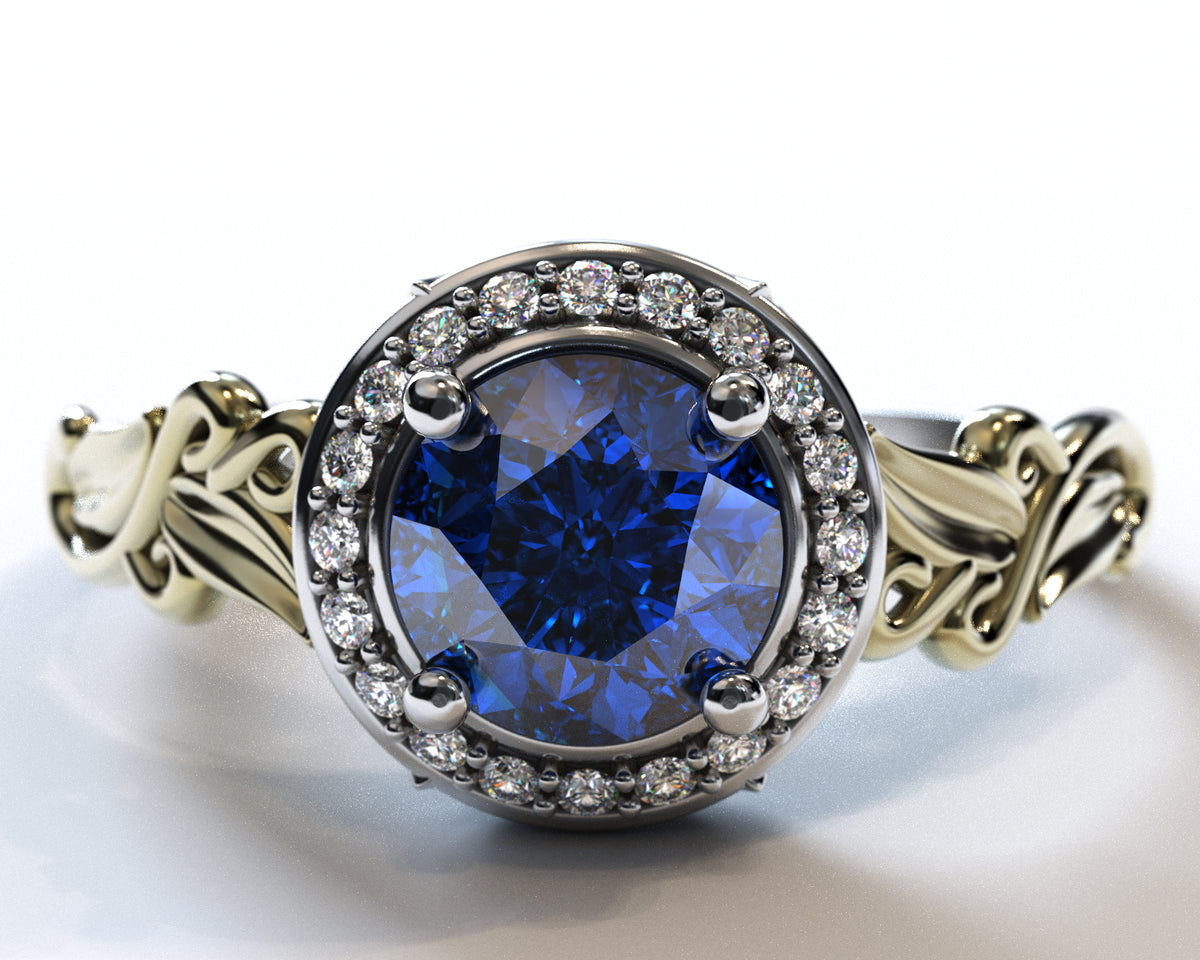 Flower Sapphire Halo Engagement Ring