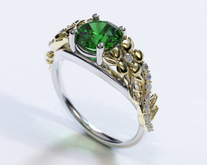 Two Tone Flower Emerald Engagement Ring